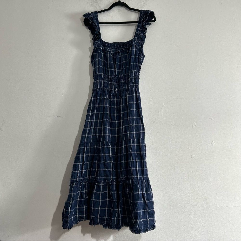 Anthropologie Magali Pascal Ruffled Linen Midi Dress Windowpane Large Wedding